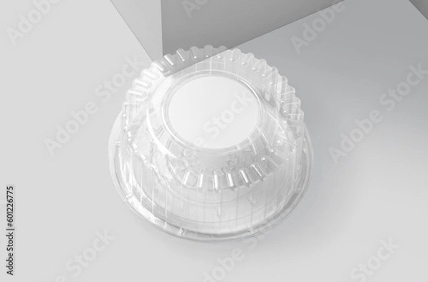 Fototapeta Blank plastic round packaging with transparent lid for baking, pastry and cakes isolated on white background. 3D illustration, 3D rendering.