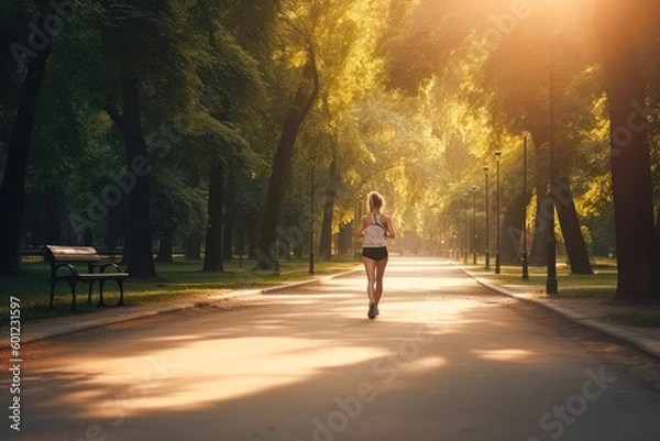 Fototapeta Woman running in park with trees in background, at sunset. Generative AI
