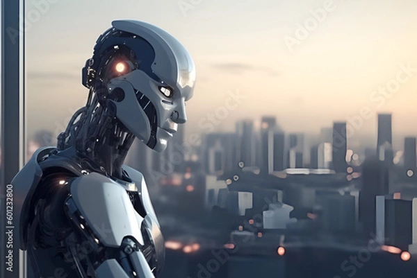 Obraz Artificial intelligence, robot thinking about world, looking at the city. Futuristic concept.