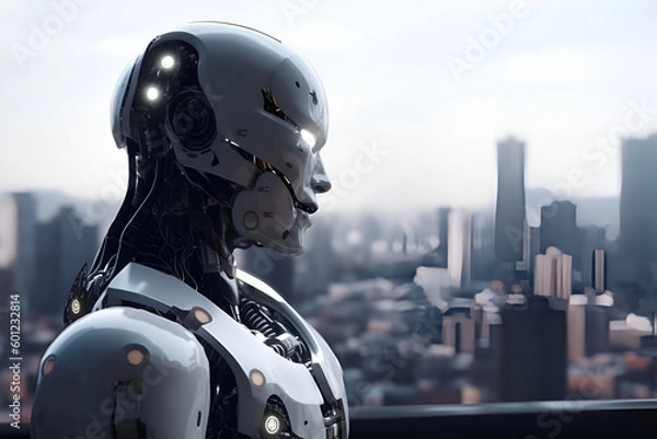 Obraz Artificial intelligence, robot thinking about world, looking at the city. Futuristic concept.
