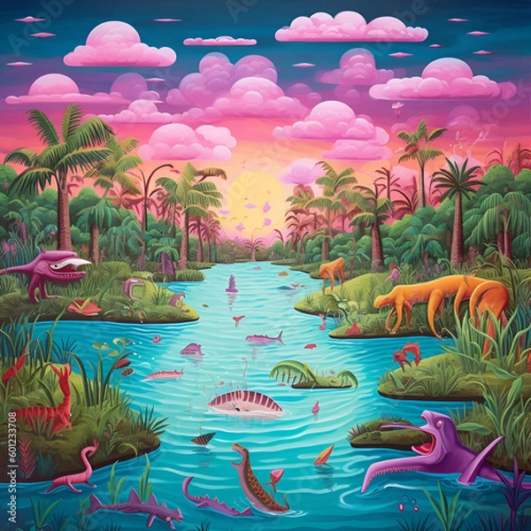 Obraz Sunset at jungle with animals. AI Generated.