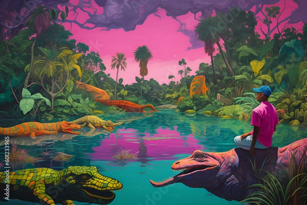 Obraz Acid trip. Man living with dinosaurs in jungle. AI Generated