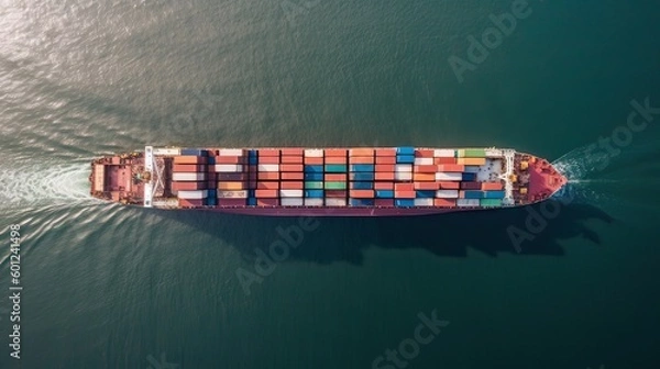 Fototapeta Aerial top view of cargo maritime ship with contrail in the ocean ship carrying container and running for export concept technology freight shipping by ship forwarder mast. Generative Ai.