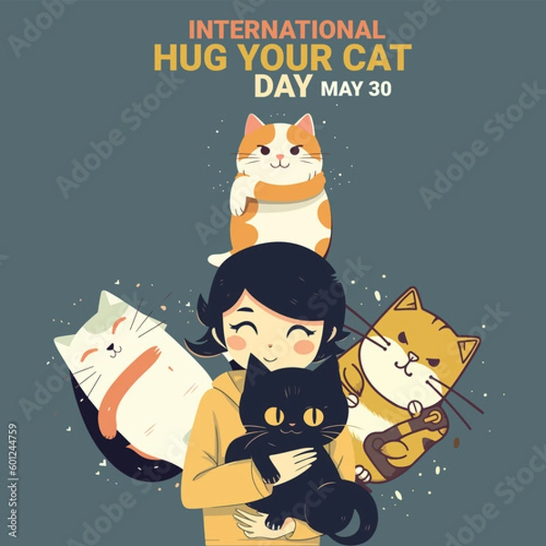 Obraz vector of girl hug black cat with three cat other behind and bold text international hug your cat day may 30. black cat, orange cat, white cat. dark blue background