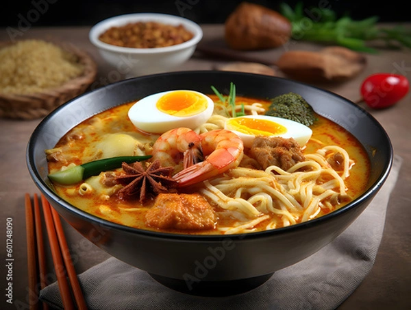 Obraz Generative Ai: Curry mee in the black bowl