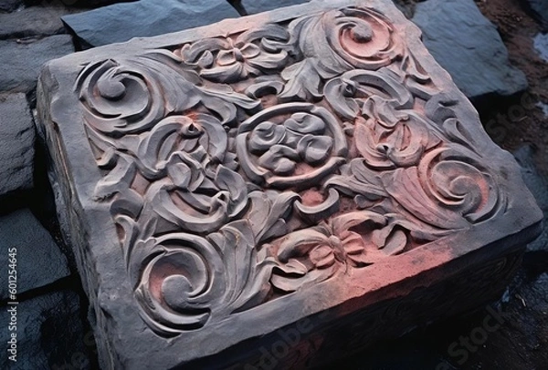 Fototapeta a large ornate stone with gray and black carved details, generative ai