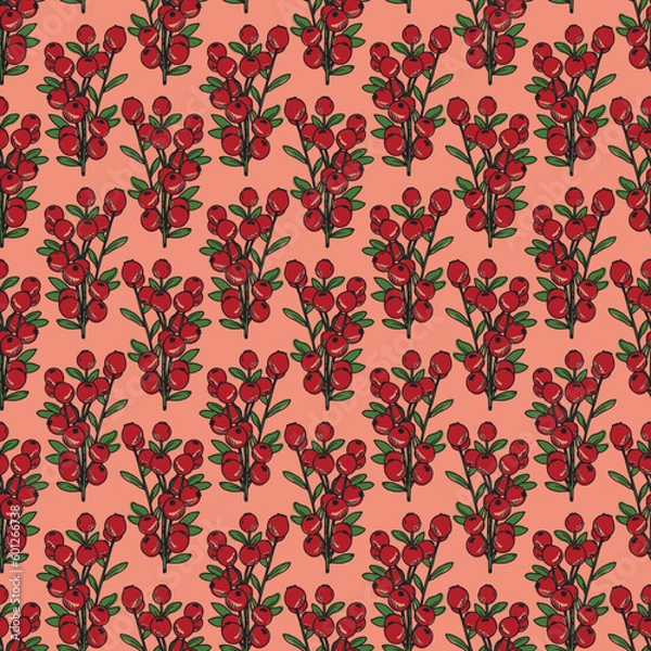 Fototapeta Vector Christmas holy berries half-drop repeat seamless pattern background. Vector illustration