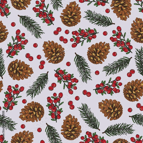 Fototapeta Vector Christmas pinecone with leaf and holy berries repeat seamless pattern background. Vector illustration