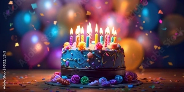 Fototapeta Happy birthday cake with candles, balloons and confetti background. Generative AI