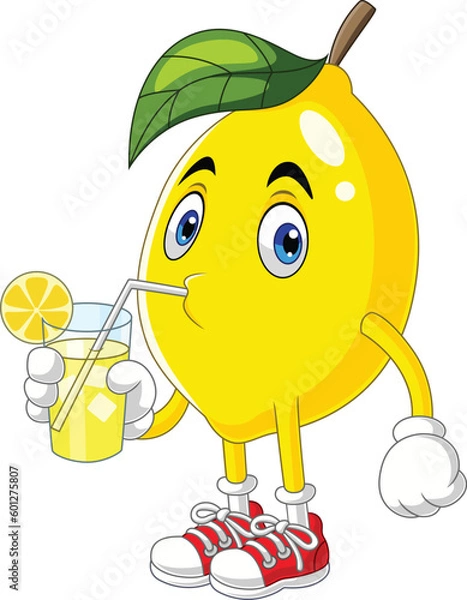Fototapeta Cute lemon cartoon drinking lemonade