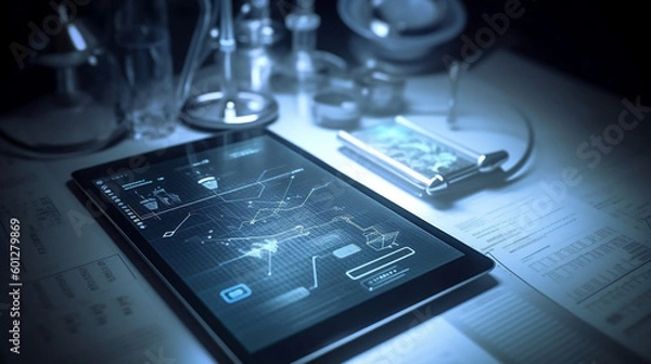 Fototapeta Healthtech refers to the use of technology to improve healthcare delivery, outcomes, and patient experiences, encompassing tools such as telemedicine, EHRs, wearable devices, mobile health apps, and m