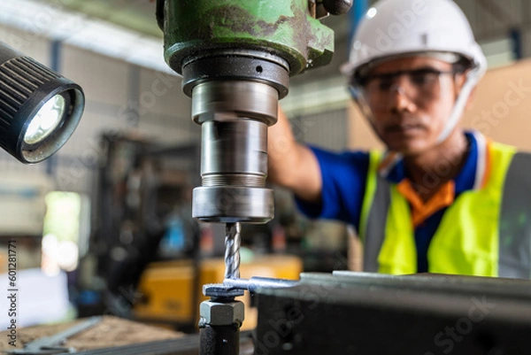 Fototapeta A worker operating lathe grinding machine - metalworking industry concept. Mechanical Engineering control lathe machine in factory. Selective focus of lathe machine.