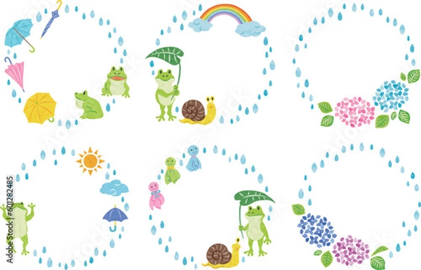 Obraz 6月　梅雨　カエルや紫陽花　イラストフレームセット