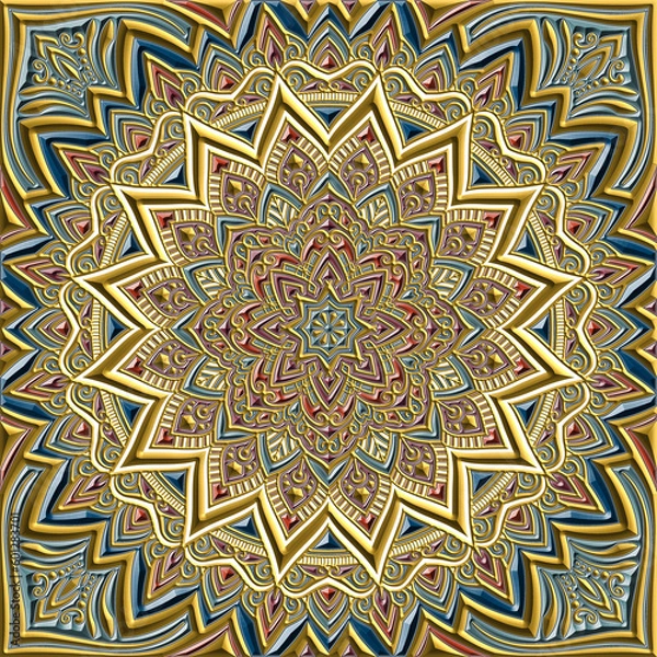 Obraz アラビア風カラーのレリーフ風マンダラパターンアート