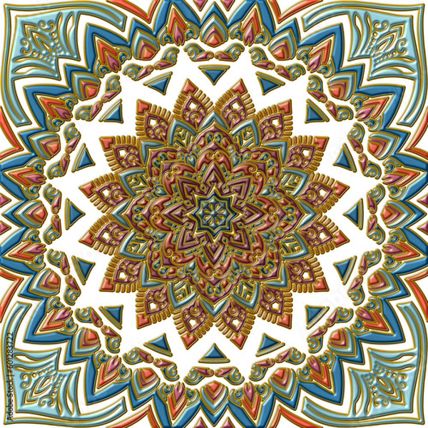 Obraz エナメル風の艶とぷっくり感のあるエスニックカラー幾何学パターンアート