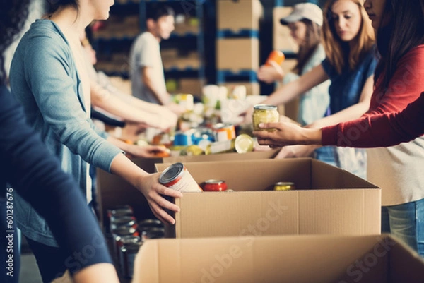 Fototapeta A group of unrecognizable people volunteering at a local food bank showcasing compassion generosity and community service,