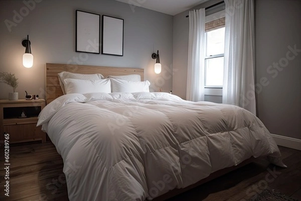 Fototapeta a bed with freshly laundered linens and a fluffy down comforter, created with generative ai
