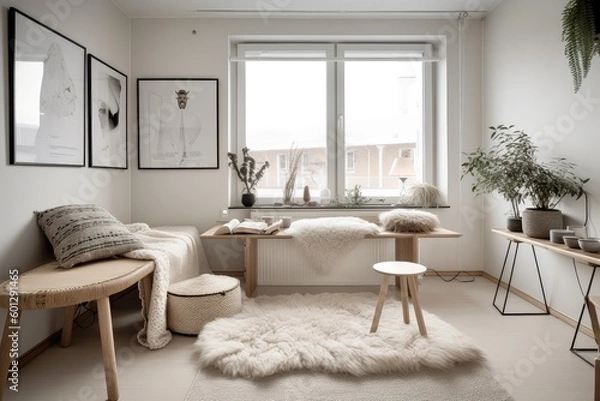 Fototapeta scandi-inspired interior, with minimalist decor and natural elements, created with generative ai