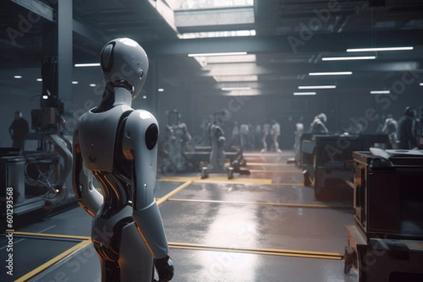 Fototapeta Android working in an futuristic manufacturing plant - Generative AI