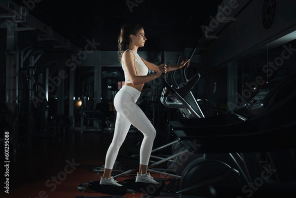 Fototapeta Young professional trainer woman is engaged on a stepper simulator in a fitness studio. Beautiful girl in training in sport class. evening workout. Sport and health. Active lifestyle