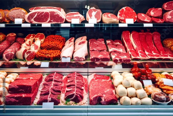 Obraz Różne kawałki świeżego surowego mięsa w supermarkecie, różnorodność steków prime mięsnych, Angus, T-Bone, Ribeye, Striploin, Tomahawk na wystawie w liczniku mięsnym w sklepie spożywczym. generatywny AI