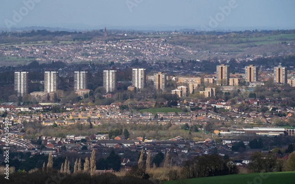 Fototapeta Wide generic aerial view of the West Midlands in England with tower blocks and homes