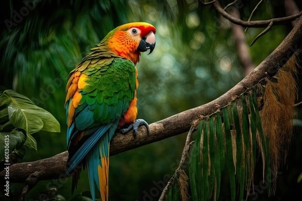 Fototapeta parrot perched on tree branch, surveying jungle from above, created with generative ai