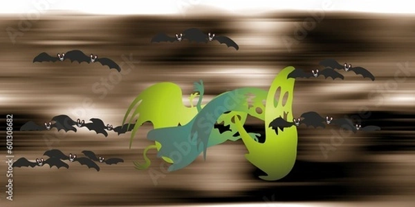 Fototapeta Strange creatures, tropical island with trees and sea