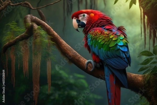 Fototapeta parrot perched on tree branch, surveying the jungle, created with generative ai