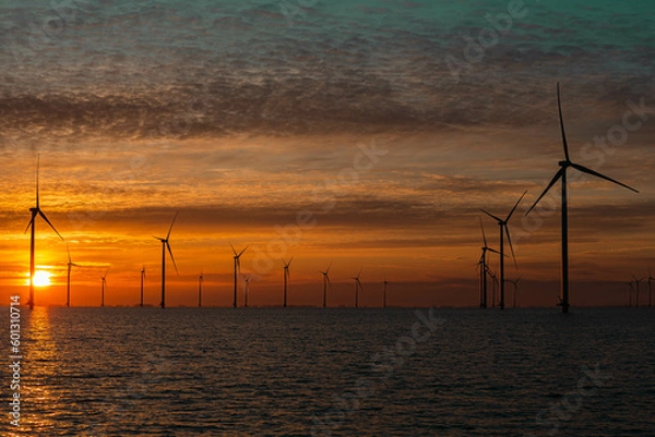 Obraz wind turbines at sunset