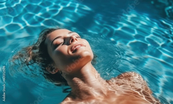 Fototapeta High angle view of woman relaxing in the swimming pool water with closed eyes. summer vacation. generative AI.