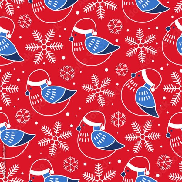 Obraz Red New Year pattern with birds and snowflakes