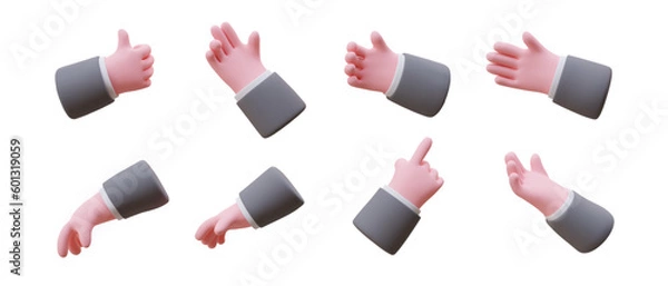 Fototapeta Sign language. Set of 3D icons of male hand gestures. Movements with palm and fingers. Cartoon style illustration. Non verbal way of assessment, direction indication, greeting. Gymnastics for fingers
