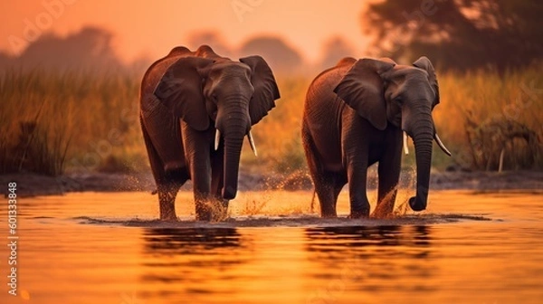 Obraz a couple of elephants walking across a body of water