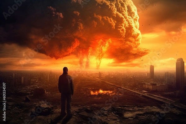 Fototapeta The End of All Things. Man watching the destruction of the world, featuring a giant atomic explosion, emphasizing the need for peace, diplomacy, and international cooperation. Ai generated