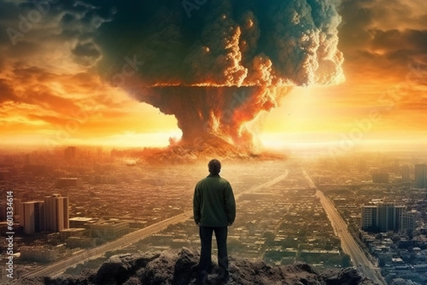 Fototapeta The End of All Things. Man watching the destruction of the world, featuring a giant atomic explosion, emphasizing the need for peace, diplomacy, and international cooperation. Ai generated