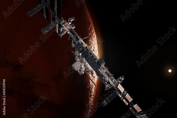 Fototapeta Spacestation and Mars in the Dark