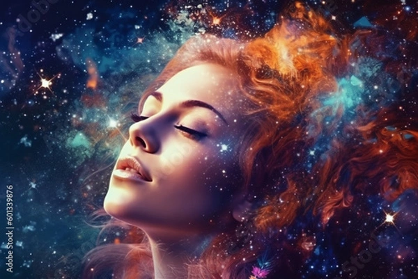 Fototapeta Beautiful woman's head with her eyes closed and her hair transformed into vibrant stars and galaxies, creating a dreamy and ethereal scene. Ai generated