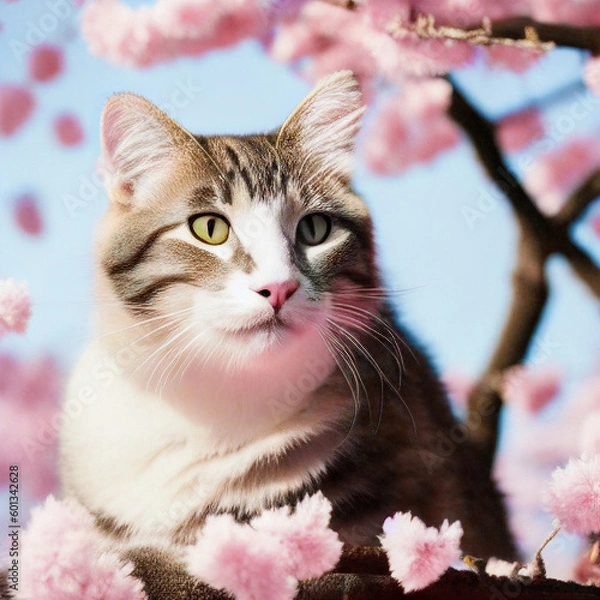 Obraz Portrait of a cat in a blooming cherry tree. Generative AI