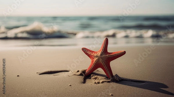 Fototapeta A starfish holds an American flag on the seashore Labor day and 4th of July concept with Generative AI Technology