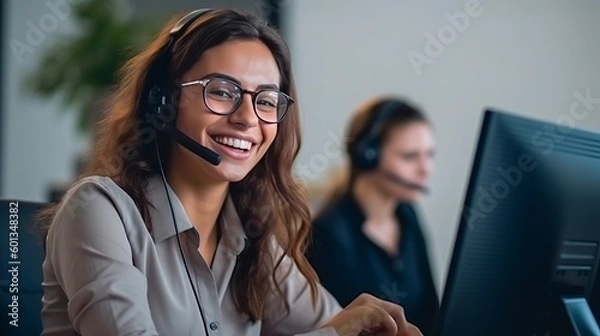 Fototapeta Portrait of a woman working in customer service at a call center. Generative AI.