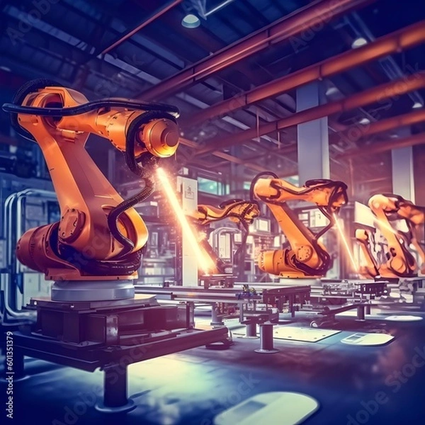 Fototapeta Smart Industry. Future Factory Production Automation. Robotic Arms. A futuristic vision of industry. Generative AI.