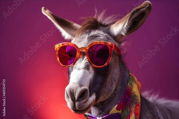 Fototapeta Funny donkey wearing sunglasses in studio with a colorful and bright background. Generative AI