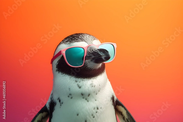 Fototapeta Funny penguin wearing sunglasses in studio with a colorful and bright background. Generative AI