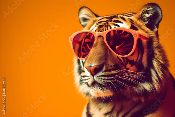 Fototapeta Funny tiger wearing sunglasses in studio with a colorful and bright background. Generative AI
