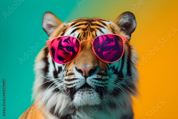 Fototapeta Funny tiger wearing sunglasses in studio with a colorful and bright background. Generative AI