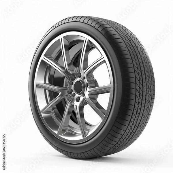 Fototapeta Close-Up of Alloy Wheel with Tyre, Isolated on White Background, Generative AI