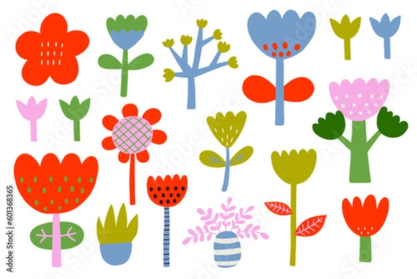 Fototapeta Set of colorful plants in childish hand drawn style. Summer jungle decoration and exotic tropical plants on isolated white background.