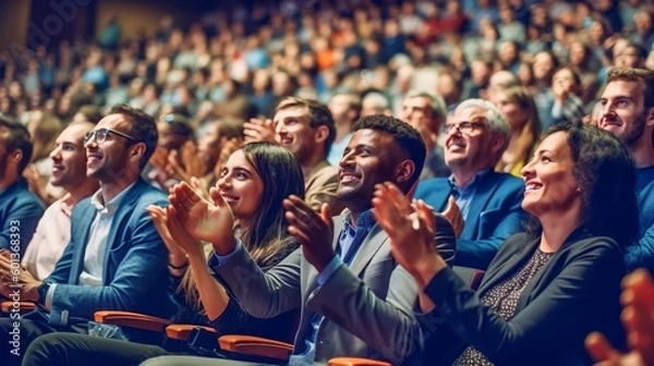 Fototapeta Multi - ethnic audience sitting in an amphitheater and applauding during panel discussion, Generative AI