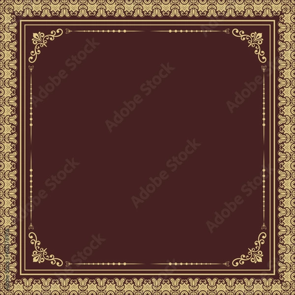 Fototapeta Classic vector vintage brown and golden square frame with arabesques and orient elements. Abstract ornament with place for text. Vintage pattern